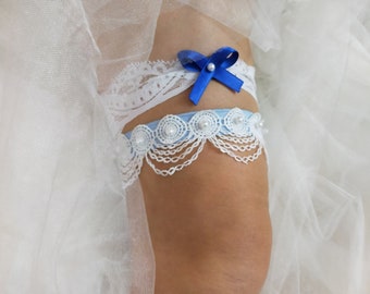 White and Blue Bride Lace Garter For Wedding, Bridal Accessories Garter,  Bridal Handmade Beaded Embroidered Garter, Bride Garter Belt
