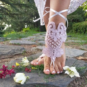 Pink Beaded Pearl Wedding Lace Sandals, Wedding Anklets, Lace Shoe Barefoot, Beaded Pear Embroidered Bride Lace Sandals, Beach Foot Jewelery