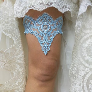Blue Bridal Lace Garter For Wedding, Bridal Accessories Garter, Handmade Bead Embroidered Garter, Bride Garter Belt, Something Blue Garter image 1