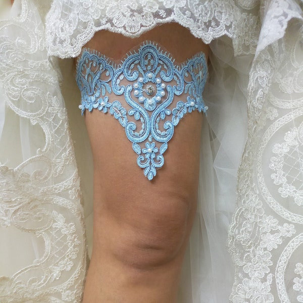 Blue Bridal Lace Garter For Wedding, Bridal Accessories Garter,  Handmade Bead Embroidered Garter, Bride Garter Belt, Something Blue Garter