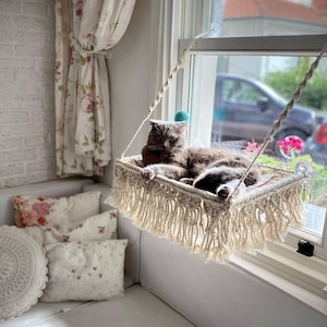 Window Cat Hammock, Window Cat Perch, Kitty Bed, Macrame Cat Bed With Glass Suctions, Hanging Cat Bed, Sturdy, Cat Window Seat, Cat Gift