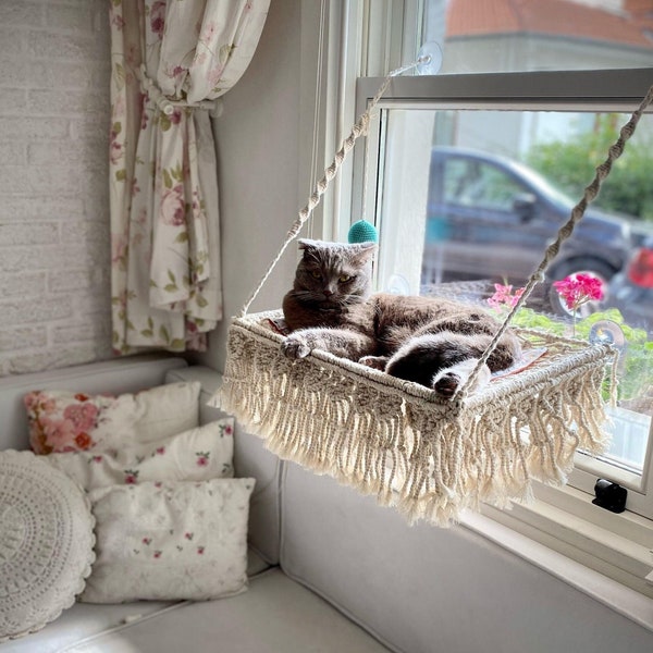 Window Cat Hammock, Window Cat Perch, Kitty Bed, Macrame Cat Bed With Glass Suctions, Hanging Cat Bed, Sturdy, Cat Window Seat, Cat Gift