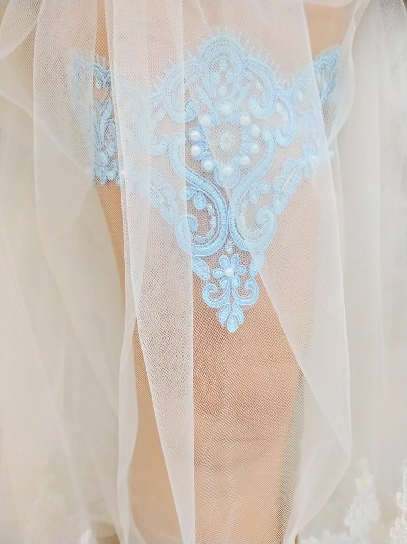 Blue Bridal Lace Garter For Wedding, Bridal Accessories Garter, Handmade Bead Embroidered Garter, Bride Garter Belt, Something Blue Garter image 7