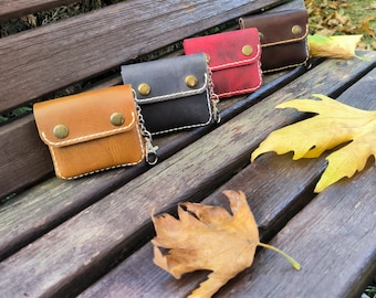 Handmade Leather Coin Pouch Keychain: Genuine Calfskin Purse