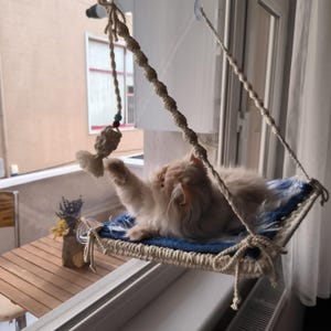 Handmade Macrame Cat Window Hammock, Furry Cat Bed, Knitted Toy
