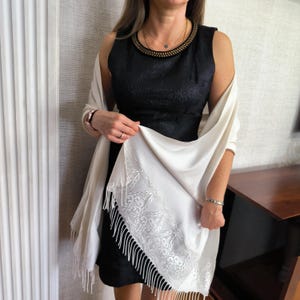 Wedding Shawl, French Lace Ivory Bride Shawl, Winter Wedding Ivory Stole, Pashmina Wedding Scarf, Bridal Lace Shawl Wrap, Bridal Cover Up