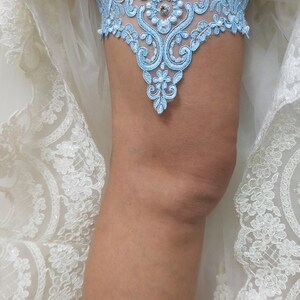 Blue Bridal Lace Garter For Wedding, Bridal Accessories Garter, Handmade Bead Embroidered Garter, Bride Garter Belt, Something Blue Garter image 2