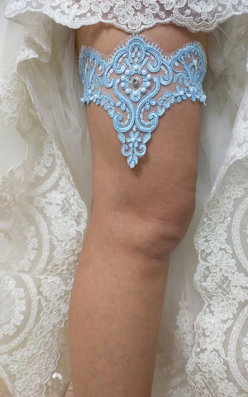 Blue Bridal Lace Garter For Wedding, Bridal Accessories Garter, Handmade Bead Embroidered Garter, Bride Garter Belt, Something Blue Garter image 2