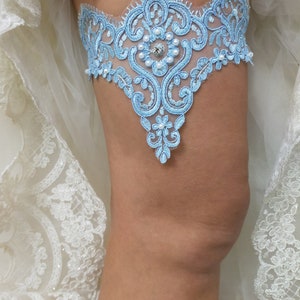 Blue Bridal Lace Garter For Wedding, Bridal Accessories Garter, Handmade Bead Embroidered Garter, Bride Garter Belt, Something Blue Garter image 5