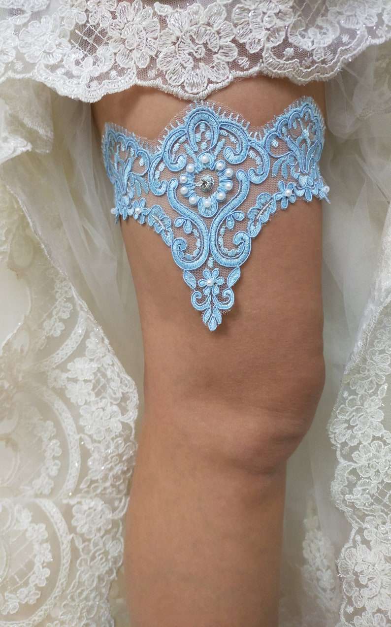 Blue Bridal Lace Garter For Wedding, Bridal Accessories Garter, Handmade Bead Embroidered Garter, Bride Garter Belt, Something Blue Garter image 5