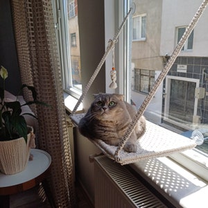 Macrame Cat Hammock, Handmade Boho Window Perch with Toy