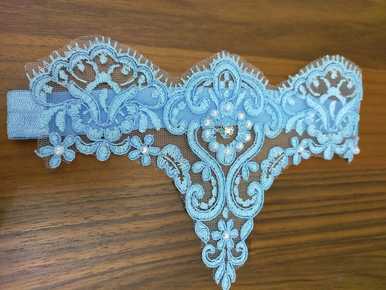 Blue Bridal Lace Garter For Wedding, Bridal Accessories Garter, Handmade Bead Embroidered Garter, Bride Garter Belt, Something Blue Garter image 8