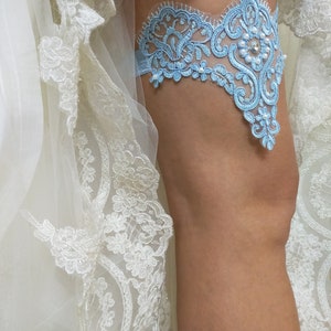 Blue Bridal Lace Garter For Wedding, Bridal Accessories Garter, Handmade Bead Embroidered Garter, Bride Garter Belt, Something Blue Garter image 6