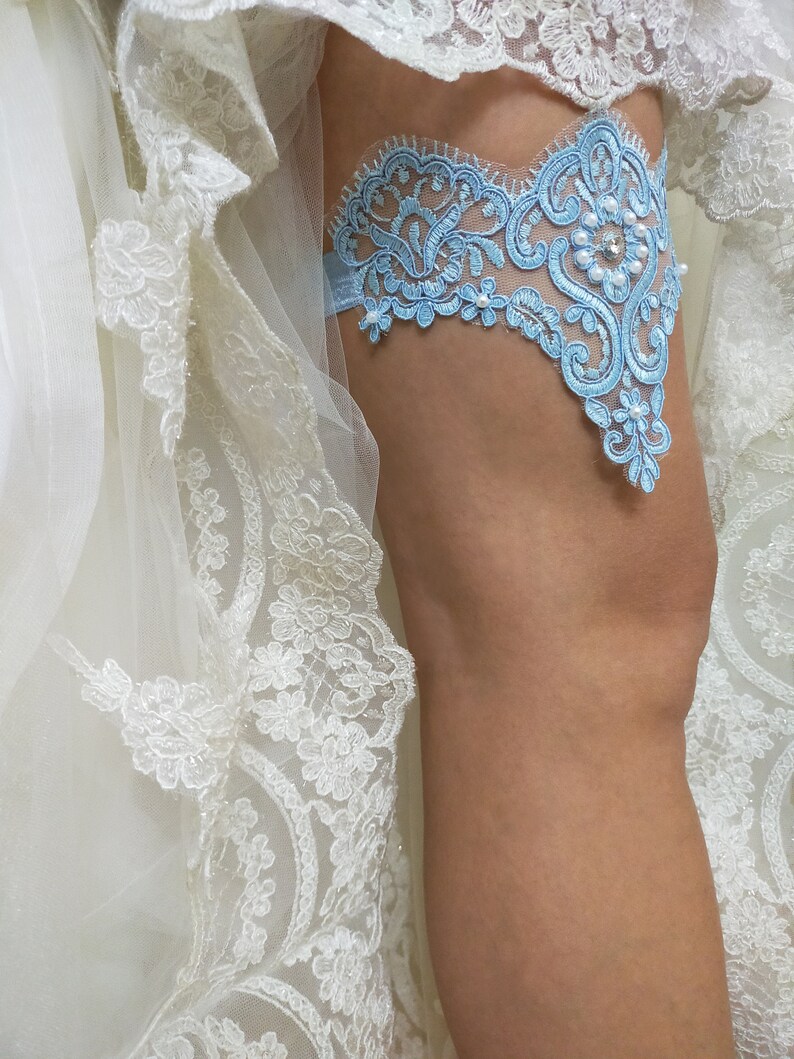 Blue Bridal Lace Garter For Wedding, Bridal Accessories Garter, Handmade Bead Embroidered Garter, Bride Garter Belt, Something Blue Garter image 6