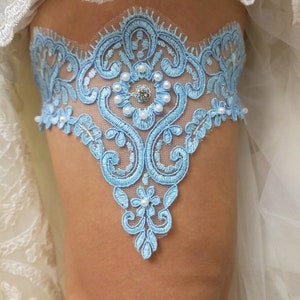 Blue Bridal Lace Garter For Wedding, Bridal Accessories Garter, Handmade Bead Embroidered Garter, Bride Garter Belt, Something Blue Garter image 3