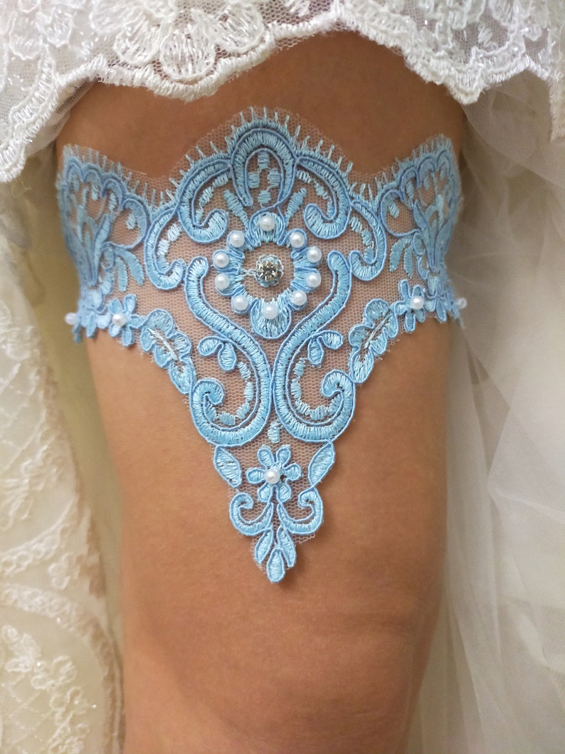 Blue Bridal Lace Garter For Wedding, Bridal Accessories Garter, Handmade Bead Embroidered Garter, Bride Garter Belt, Something Blue Garter image 3