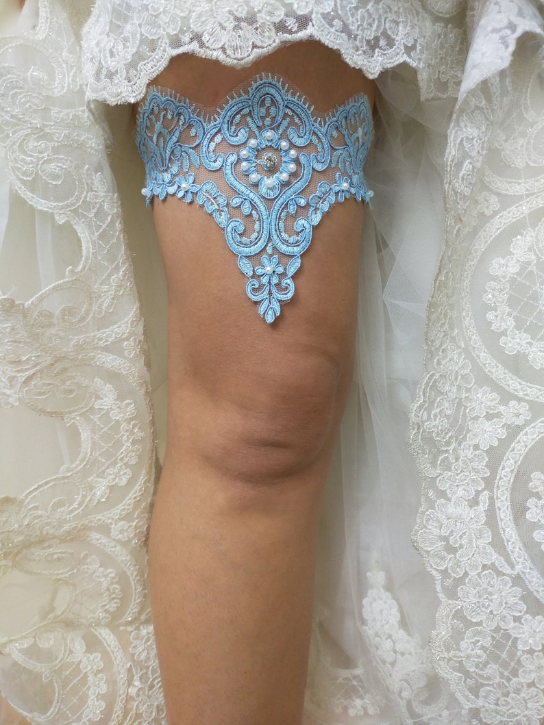 Blue Bridal Lace Garter For Wedding, Bridal Accessories Garter, Handmade Bead Embroidered Garter, Bride Garter Belt, Something Blue Garter image 1