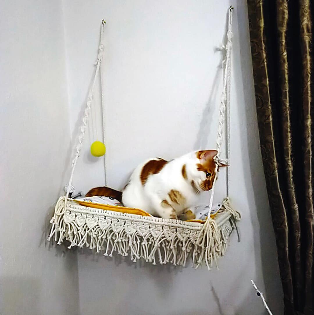 Handmade Macrame Cat Hammock: Wall Mounted Cat Bed With Metal Frame