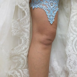 Blue Bridal Lace Garter For Wedding, Bridal Accessories Garter, Handmade Bead Embroidered Garter, Bride Garter Belt, Something Blue Garter image 4