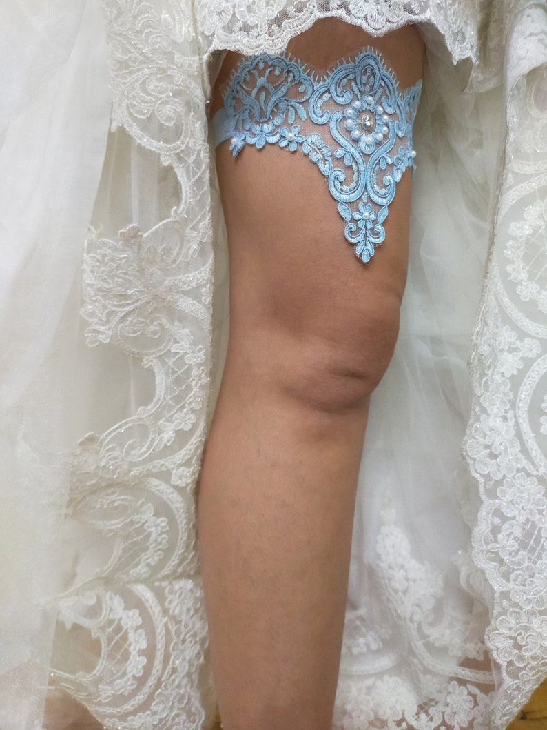 Blue Bridal Lace Garter For Wedding, Bridal Accessories Garter, Handmade Bead Embroidered Garter, Bride Garter Belt, Something Blue Garter image 4