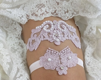 Wedding Floral Garter Set, Pink Lace Garter, Bridal Garter, Lace Garter, Beaded Garter, Handmade Beaded Embroidered Garter, Bridal Gartr