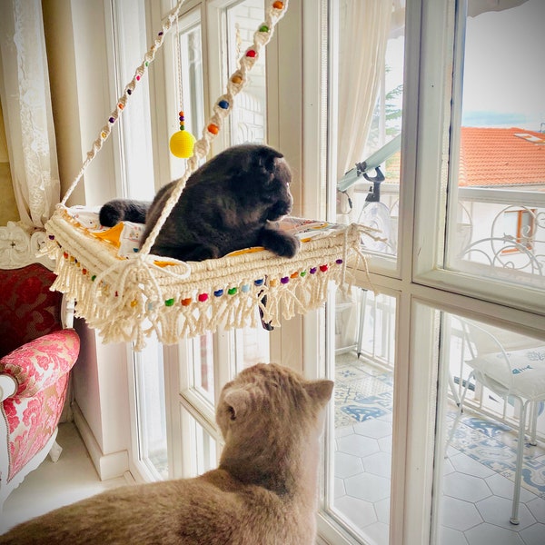 Cat Window Bed, Macrame Cat Window Hammock, Express Shipping , Cat Perch With Colorfull Beads, Kitty Bed, Cat Seat, Portable Cat Hammock