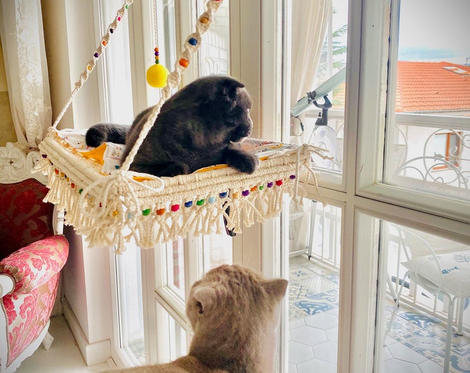 Cat Window Bed, Macrame Cat Window Hammock, Express Shipping , Cat Perch With Colorfull Beads, Kitty Bed, Cat Seat, Portable Cat Hammock