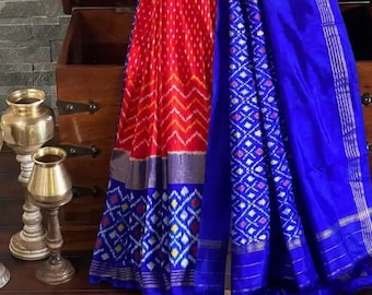Beautiful Red and Blue ikkat pure silk Pochampally saree / Pattu saree / Ikkat sarees/ Ikat sarees/ silk sarees/Handwoven saree