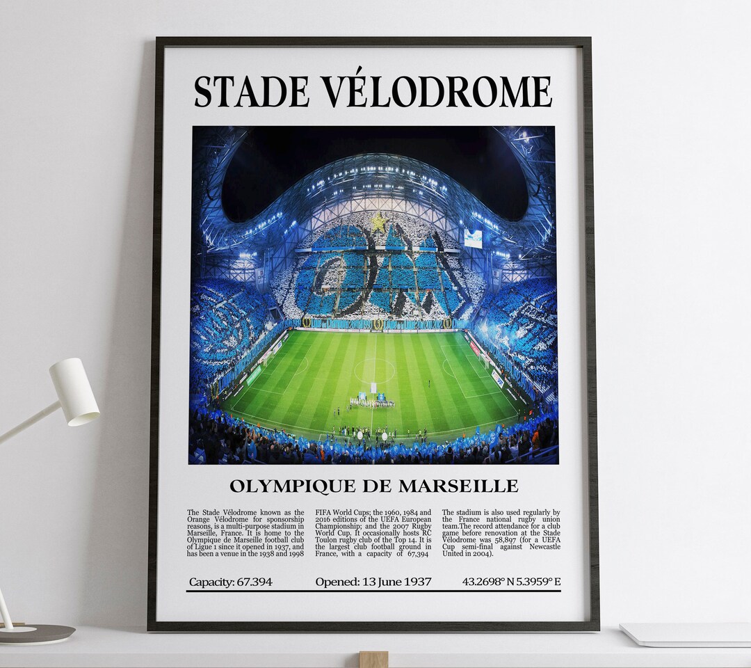 Stade Vélodrome, Olympique de Marseille, Stade Noir & Blanc, Cadeau Football Lovers, Cadeau
