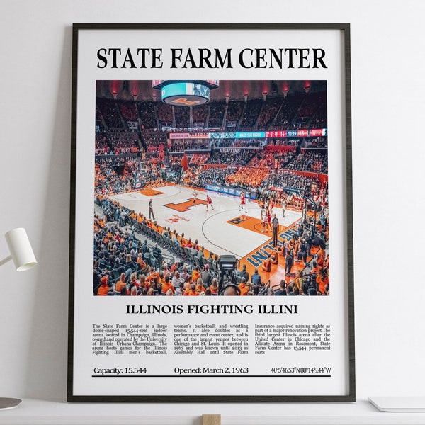 State Farm Center, Illinois Fighting Illini, Black & White Stadium, Digital Printable Poster, NCAA Basketball Lovers Gift