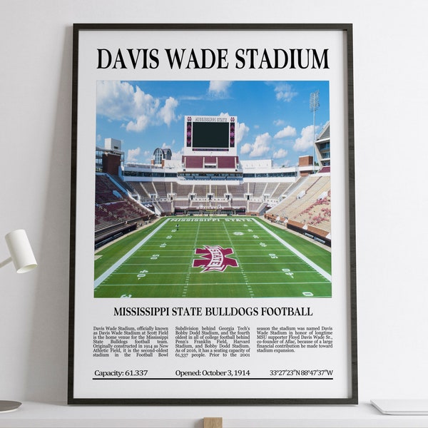 Davis Wade Stadium, Mississippi State Bulldogs football, Black & White Stadium, Digital Printable Poster, NCAA Football Gift