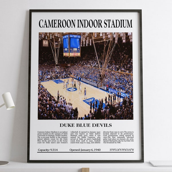 Cameroon Indoor Stadium, Duke Blue Devils, Black & White Stadium, Digital Printable Poster, NCAA Basketball Gift, Duke Blue Devils Fan Gift