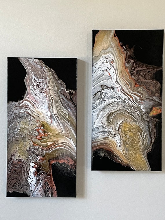 8 x 10 Gold, Black, and White / Acrylic Paint Pour on Canvas / Abstract /  Free Shipping / Wall Hanging