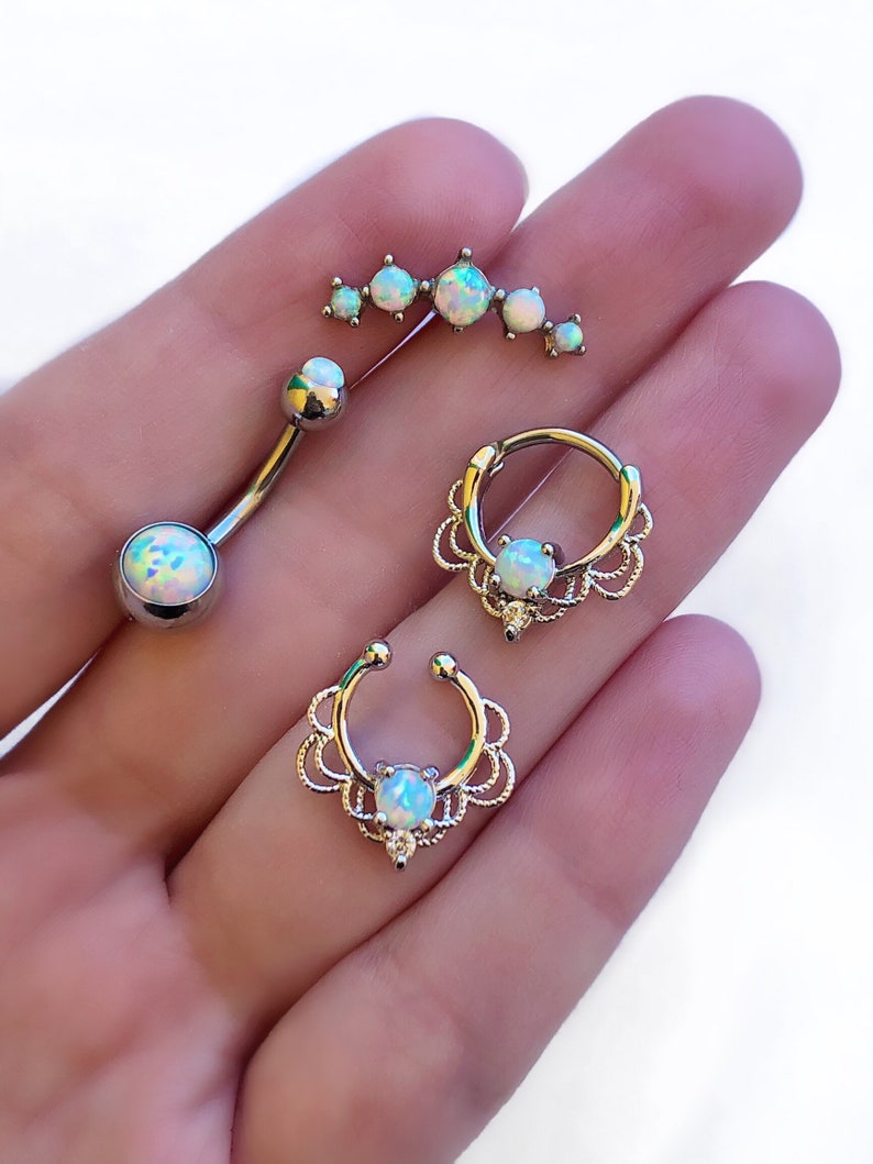 Titanium Steel Opal Stone Septum Nose Ring Opal Ball Closure Nipple Lip Tragus Eyebrow Piercing Earring Rings Body Jewelry