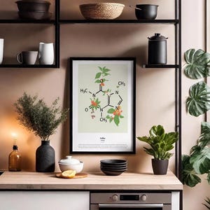 Coffee / Caffeine molecular structure and flowers - Science & Nature. Nutritional science art print  of the molecular structure of caffeine.