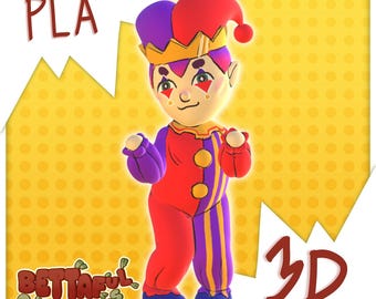 Puede incluir: Figura de bufón impresa en 3D en rojo, morado y amarillo. El bufón lleva un sombrero con un pompón rojo, una corona dorada y un atuendo rojo y morado. El texto "PLA" y "3D PRINTED" son visibles.