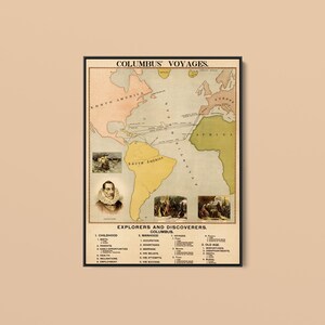 May include: A vintage-style educational poster titled COLUMBUS VOYAGES featuring a map of the Atlantic Ocean, North America, South America, Europe, and Africa. It includes a portrait of Columbus, historical illustrations, and text outlines.
