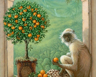 Janet Kruskamp Monkey and Orange Tree available as Stretched, Rolled, Framed Canvas, Rolled or Framed Giclee Art Print + Free Shipping