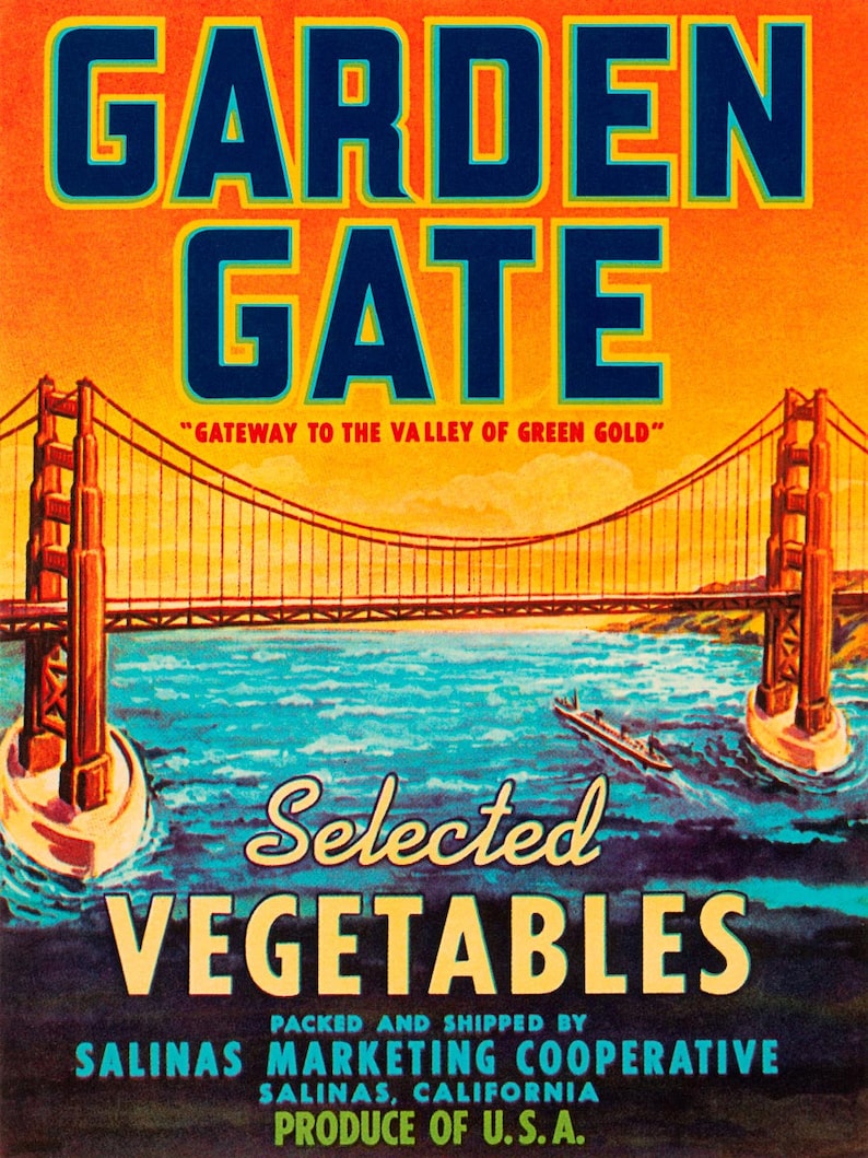 Black Framed or Unframed Art Print in Various Sizes Vintage Poster of Food Label Garden Gate Selected Vegetables Stretched Canvas