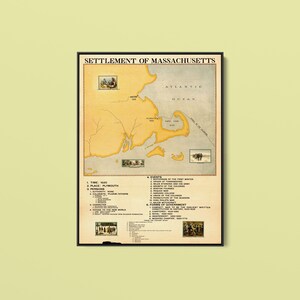 Op de afbeelding: Een ingelijste historische kaart getiteld SETTLEMENT OF MASSACHUSETTS, met een gele landmassa tegen een lichtblauwe Atlantische Oceaan. De print bevat kleine illustraties, geografische labels en gedetailleerde tekstsecties over gebeurtenissen en personen.