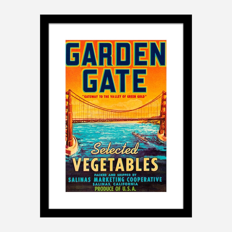 Black Framed or Unframed Art Print in Various Sizes Vintage Poster of Food Label Garden Gate Selected Vegetables Stretched Canvas