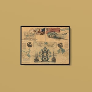 May include: A vintage-style historical print featuring the Atlantic Telegraph Cable map. It displays the American and British flags, two sailing ships, a central circular clock diagram, and text titled The President to the Queen and The Queen's Message.