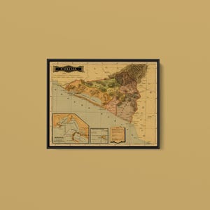May include: A framed vintage-style map of Colima, Mexico, featuring muted earth tones of tan, brown, and green. The map displays geographical regions, a legend, and an inset detail of Manzanillo, all enclosed within a simple black rectangular frame.