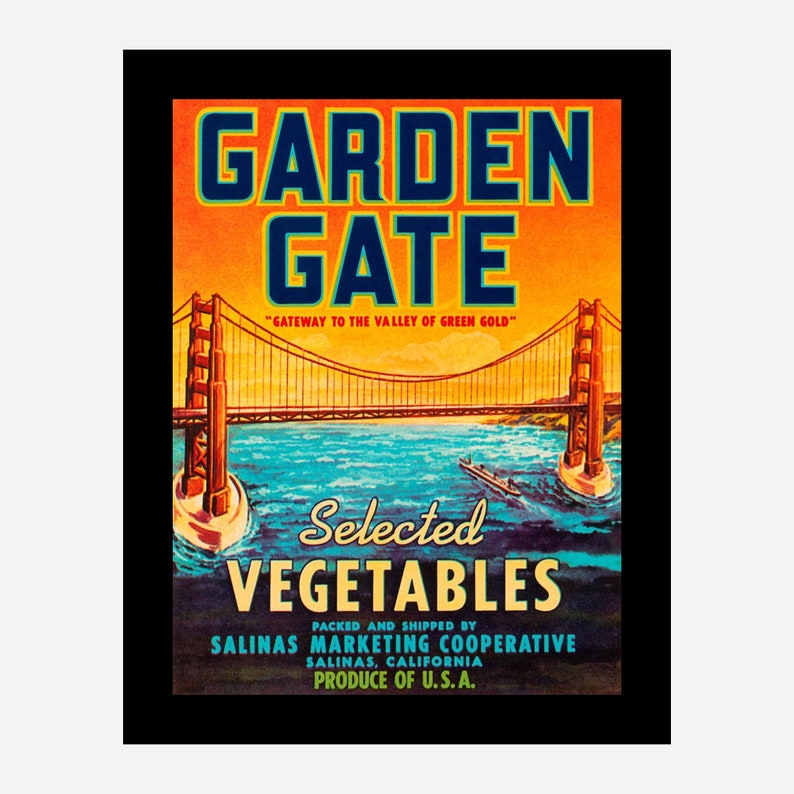 Black Framed or Unframed Art Print in Various Sizes Vintage Poster of Food Label Garden Gate Selected Vegetables Stretched Canvas