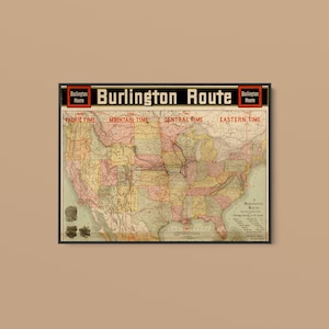 Burlington Route With Time Zones - Vintage Maps - Historic Reproduction Print - Rolled, Stretched or Framed Canvas + Free Shipping