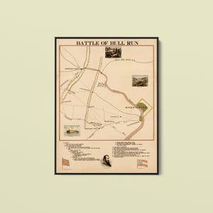 May include: A framed historical map titled BATTLE OF BULL RUN, featuring a beige background, black text, and detailed cartography of the Washington and Virginia region. It includes small illustrations, a portrait, and two flags at the bottom.