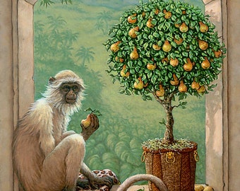 Janet Kruskamp Monkey and Pear Tree available as Stretched, Rolled, Framed Canvas, Rolled or Framed Giclee Art Print + Free Shipping