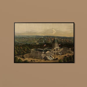 May include: A framed vintage-style print depicting an elevated view of the United States Capitol building with a central dome, surrounded by trees and a sprawling city landscape under a soft sky, featuring horse-drawn carriages in the foreground.
