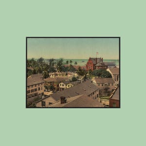 May include: A framed vintage-style print depicting a coastal town scene with a large red brick building, numerous houses with grey roofs, palm trees, and a distant ocean horizon under a pale sky, all enclosed within a thin black frame.