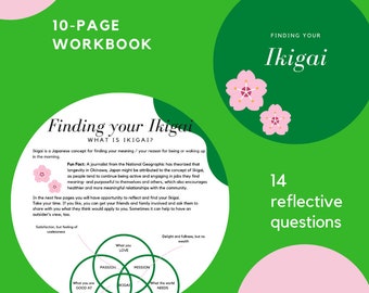 Printable Ikigai Workbook - Find your Purpose- lead a meaningful life - green